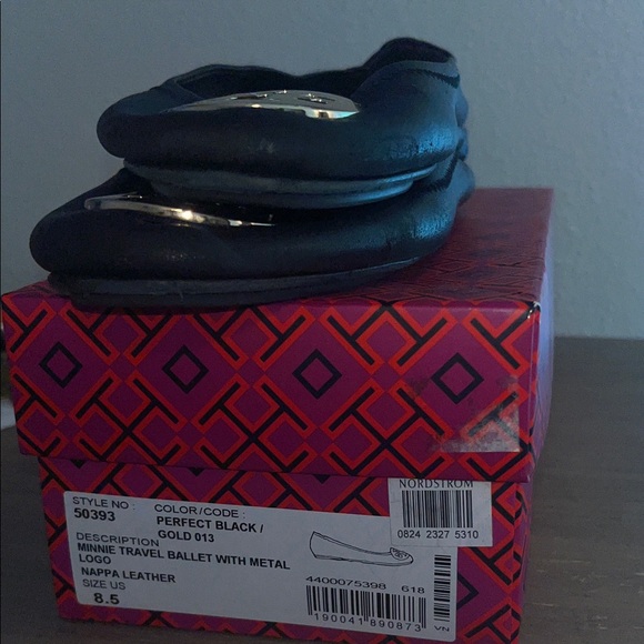Tory Burch Black Ballet Flats with Gold Logo Accent - Picture 4 of 10